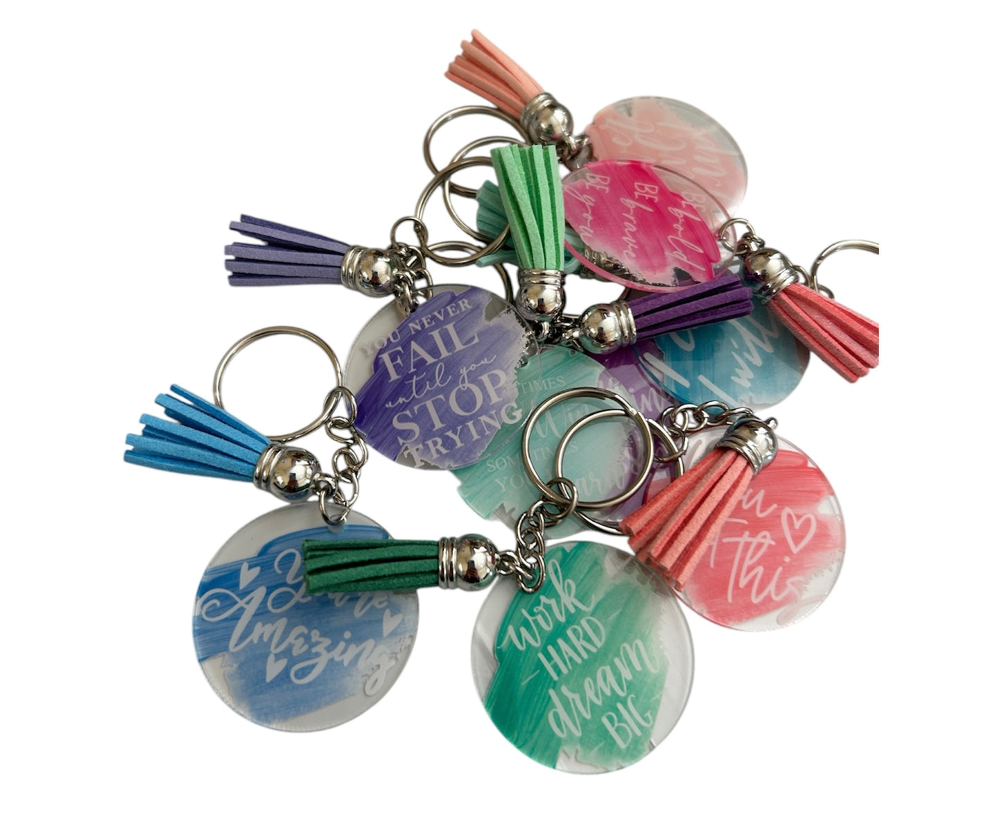 Never Give Up Inspirational Keychain with Colored Tassel