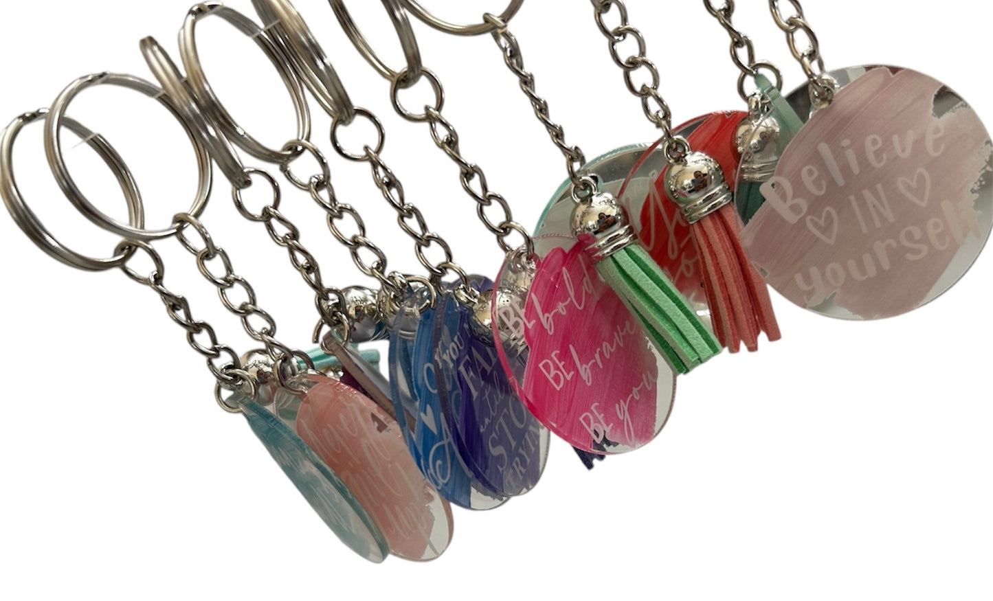 Never Give Up Inspirational Keychain with Colored Tassel