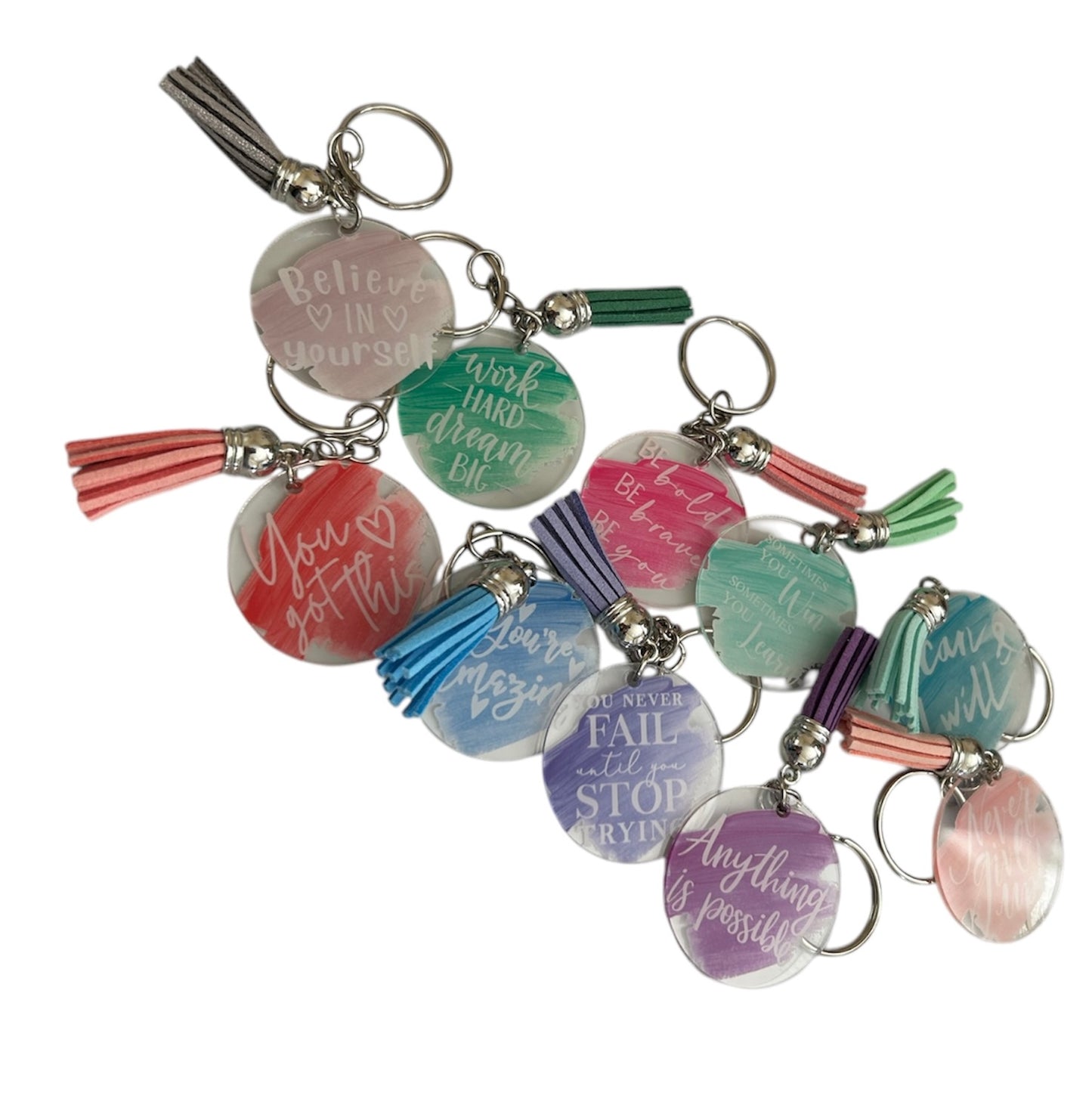 Never Give Up Inspirational Keychain with Colored Tassel